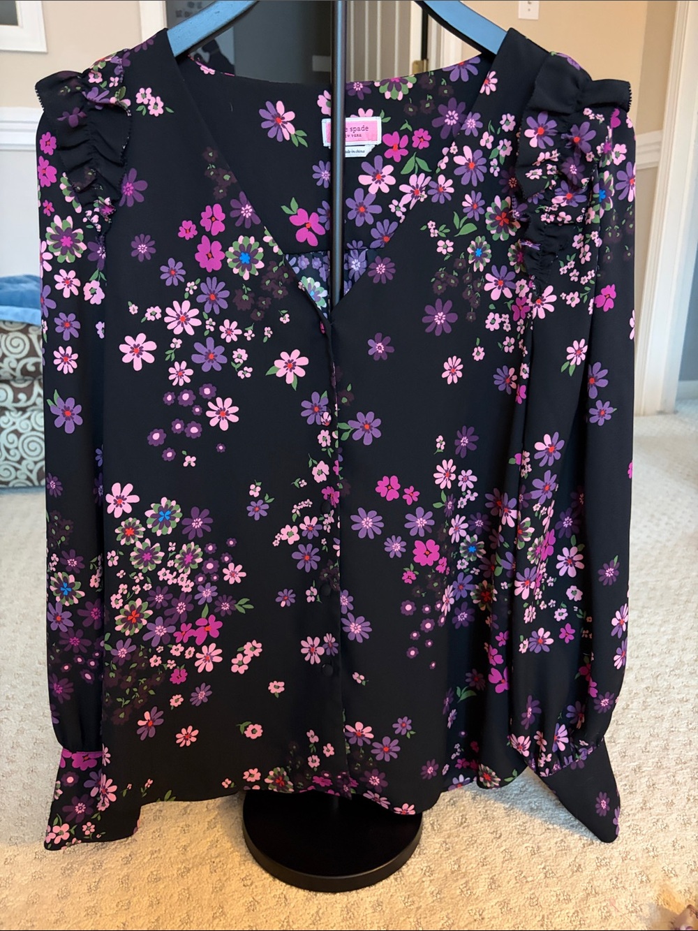 kate spade Black Floral Ruffle-Shoulder Blouse with Pink & Purple Flowers